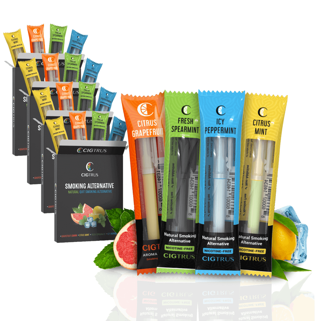 Nicotine-free smoking alternatives with grapefruit, spearmint, peppermint, and mint flavors in colorful packaging.