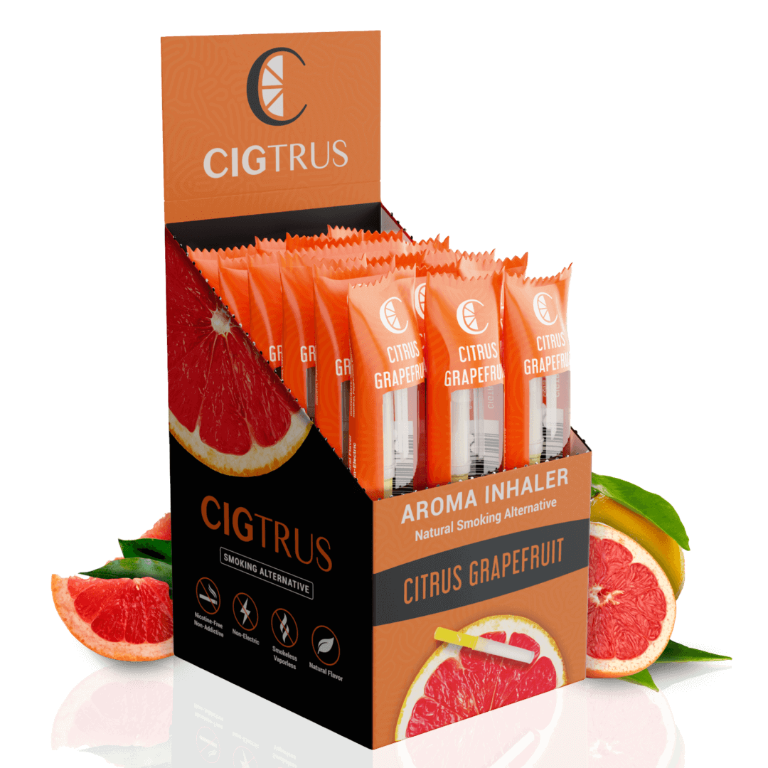 Box of 20 Citrus Grapefruit Aroma Inhalers, natural smoking alternative, displayed with fresh grapefruit slices.