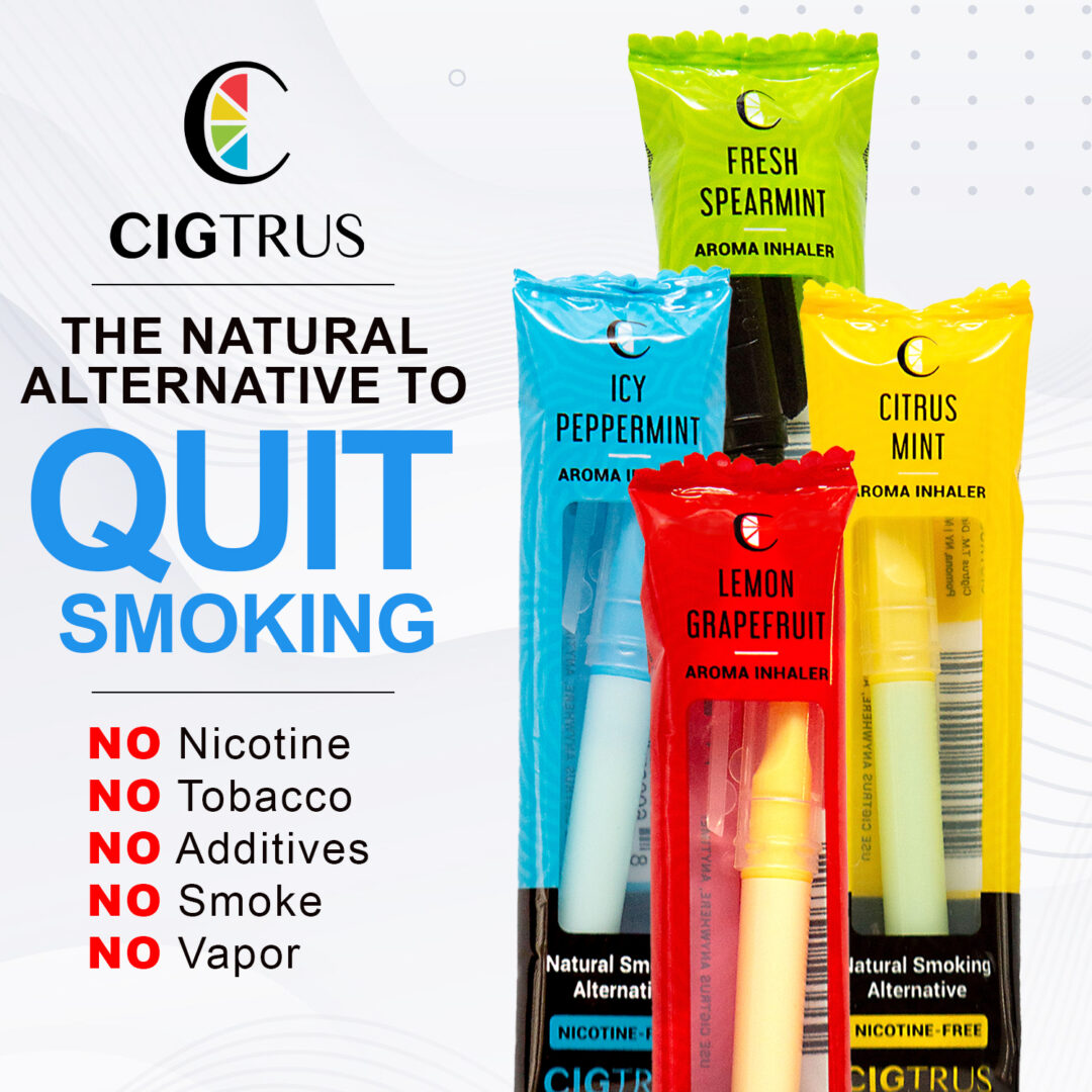 Cigtrus nicotine-free aroma inhalers in citrus, mint, peppermint, spearmint flavors; quit smoking alternative.