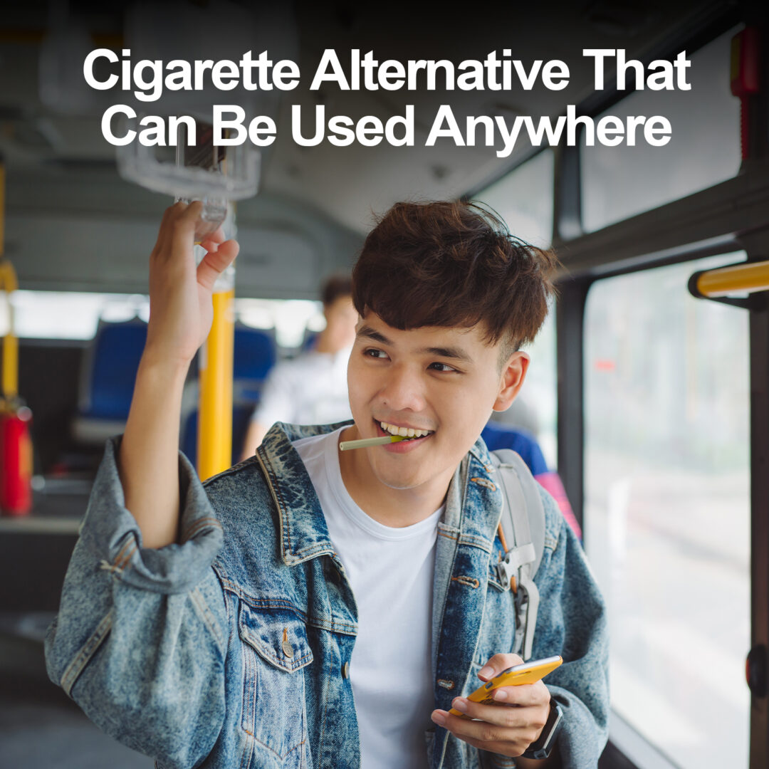 Young man using Cigtrus nicotine-free inhaler on a bus, showcasing a smokeless, tobacco-free smoking alternative.