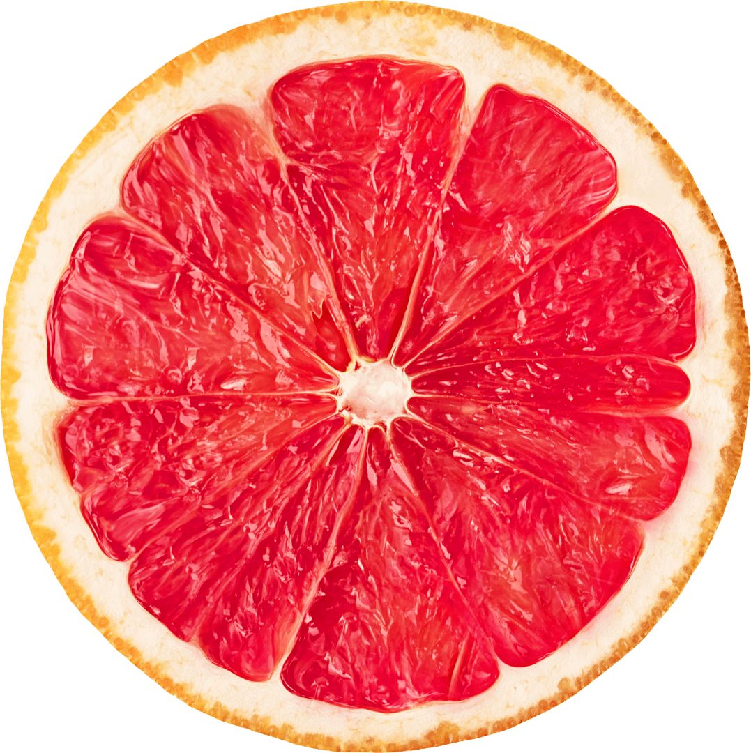 Slice of fresh pink grapefruit showing vibrant juicy segments.