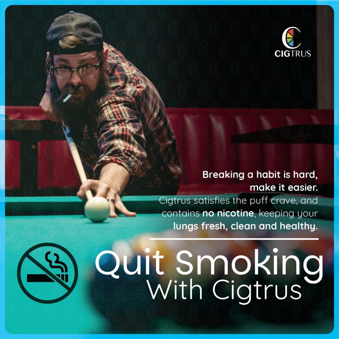 Man playing pool using Cigtrus natural smoking alternative, nicotine-free, tobacco-free inhaler for quitting smoking and craving relief.