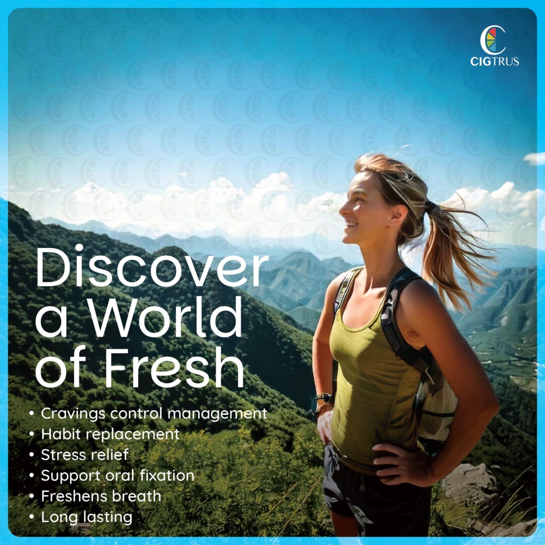 Cigtrus nicotine-free inhaler, quit smoking aid, woman hiking in mountains, fresh air, craving relief, variety pack.