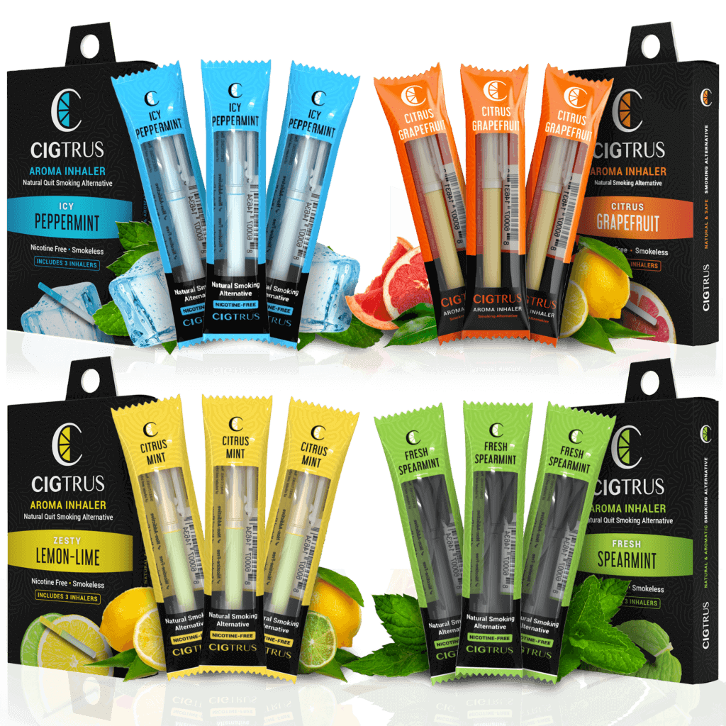 Cigtrus aroma inhalers pack with flavors: icy peppermint, citrus grapefruit, lemon-lime, fresh spearmint. Smoke-free alternative.
