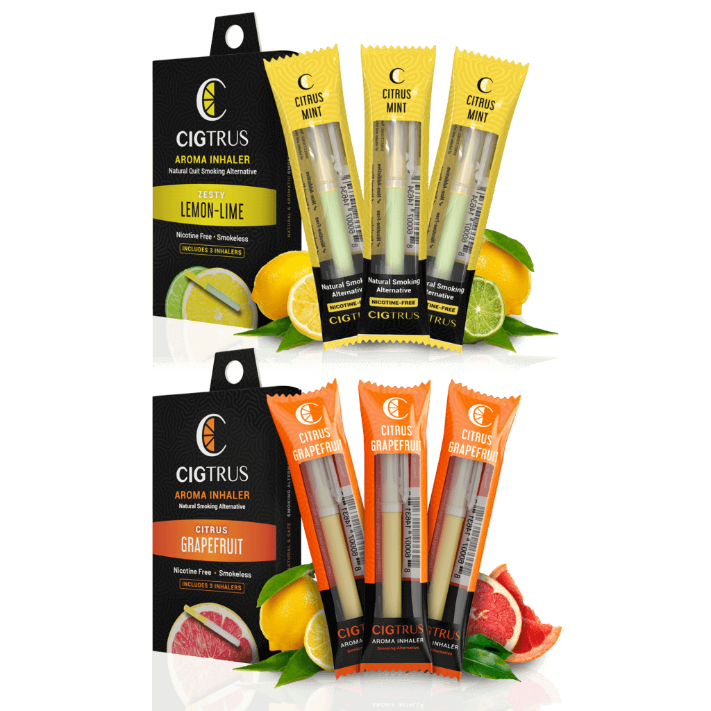Citrus aroma inhalers in lemon-lime and grapefruit flavors, nicotine-free, smokeless, 3-pack combo.