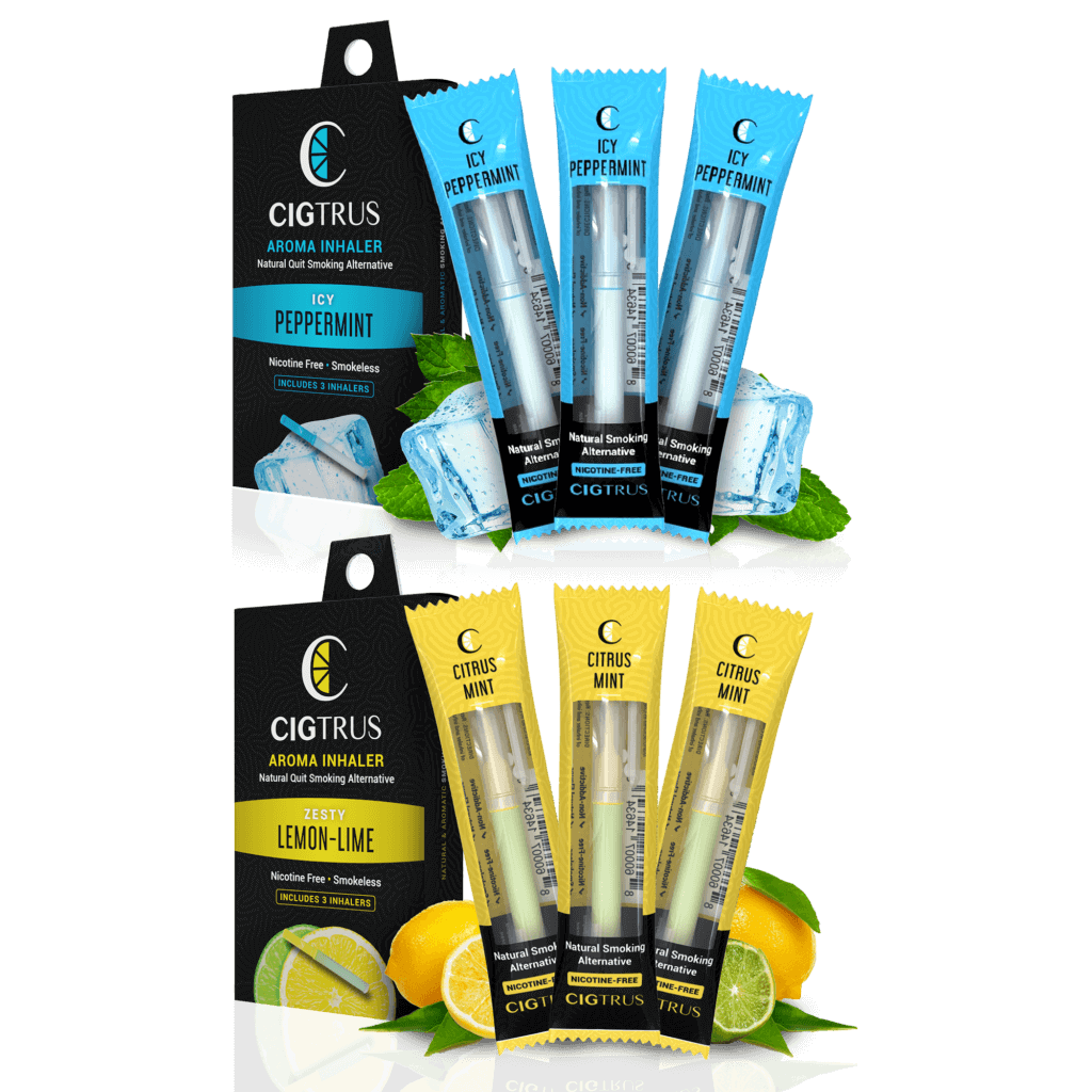 Cigtrus aroma inhalers pack, featuring icy peppermint and zesty lemon-lime flavors, natural quit smoking alternative.