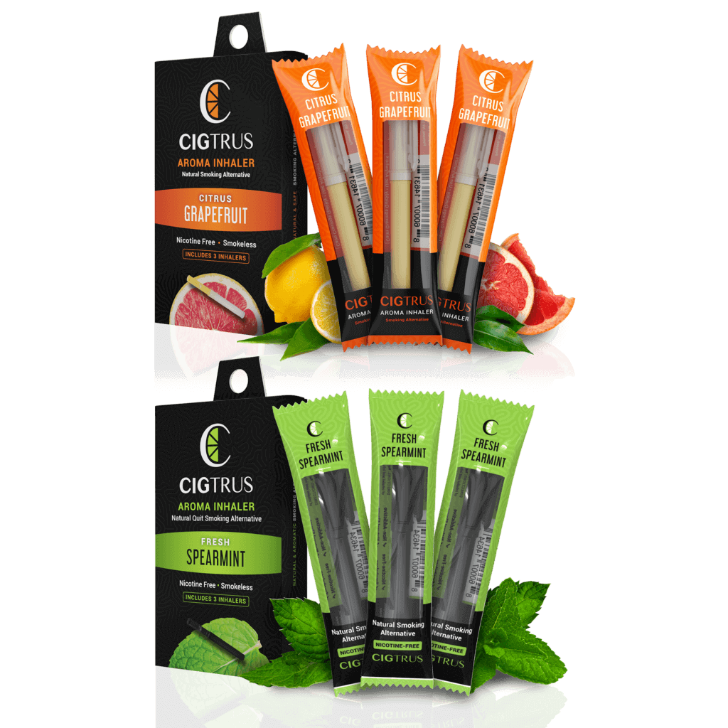 Spearmint and grapefruit aroma inhaler packs, nicotine-free, natural smoking alternative by CIGTRUS.