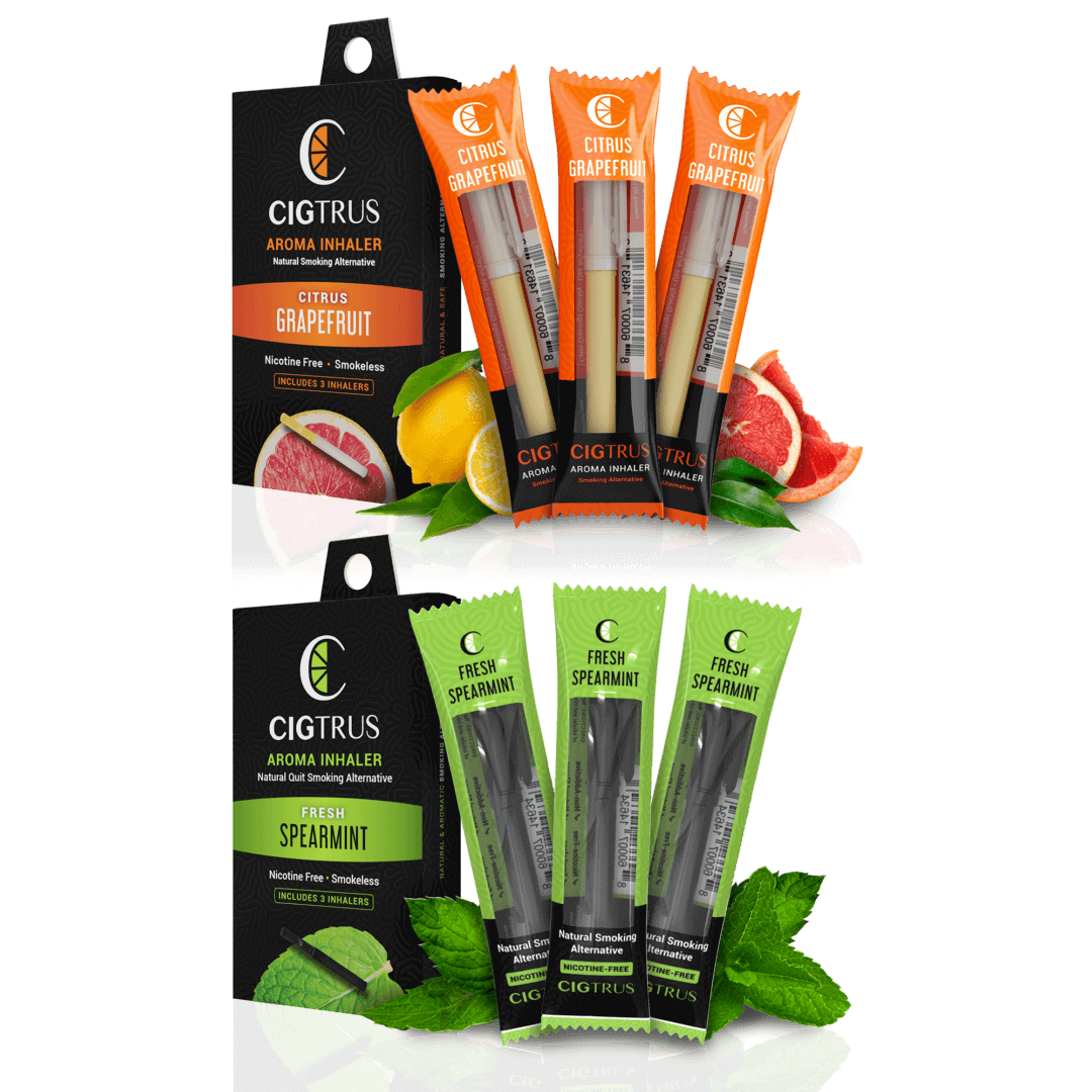 Spearmint and grapefruit aroma inhaler packs, nicotine-free, natural smoking alternative by CIGTRUS.