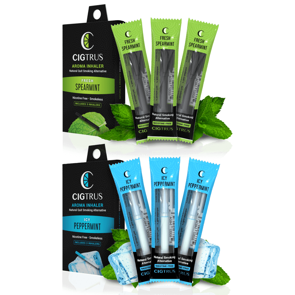 Spearmint and Peppermint aroma inhalers, nicotine-free smoking alternative packs, fresh mint, icy peppermint flavor.