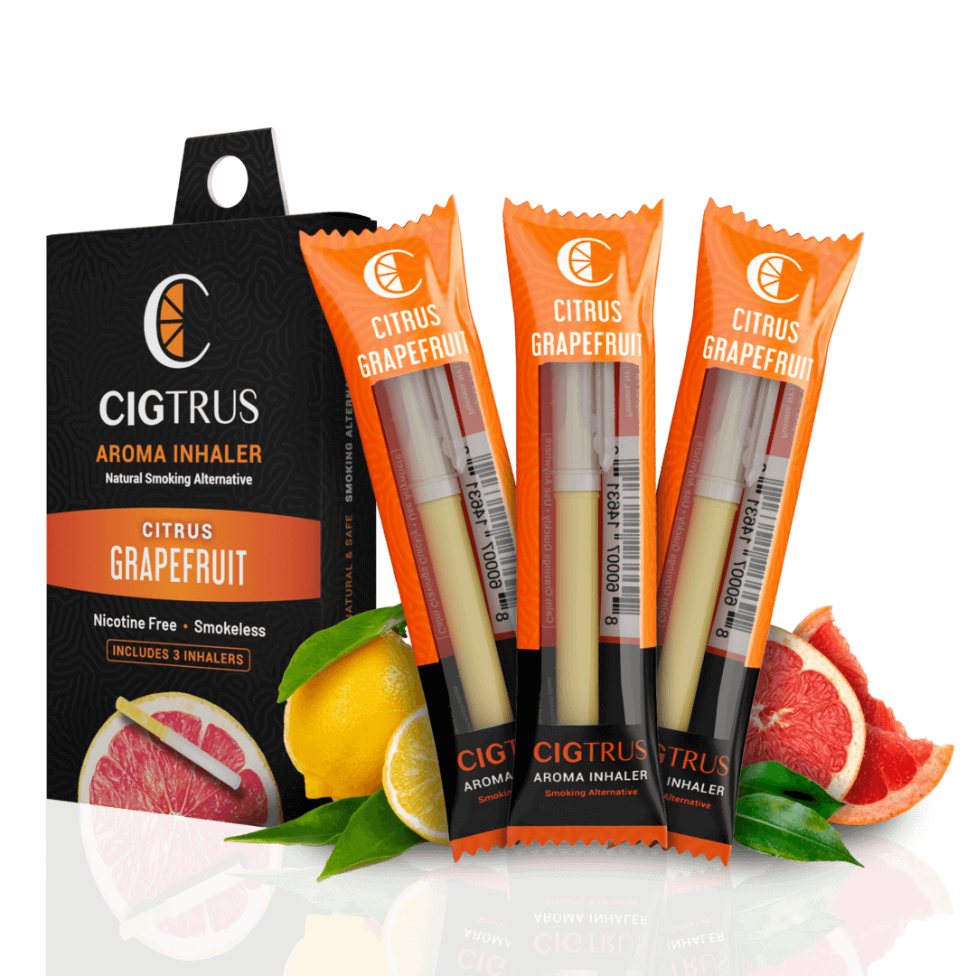 Citrus grapefruit aroma inhalers pack with fresh oranges and grapefruits, nicotine-free smoking alternative.