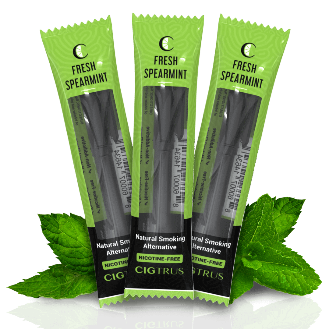 3 packs of Cigtrus Fresh Spearmint nicotine-free smoking alternatives with mint leaves backdrop.