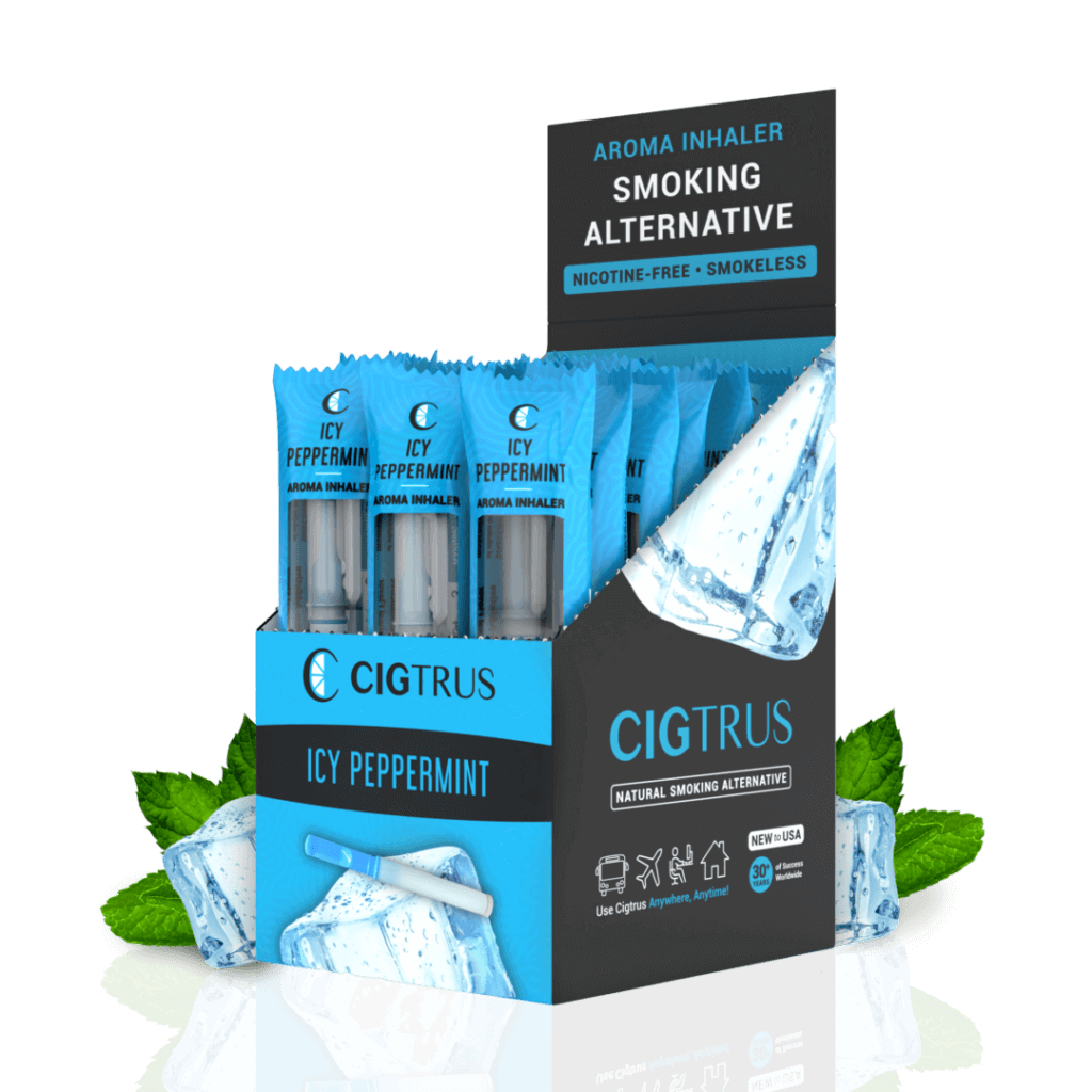 Box of 20 CIGTRUS Icy Peppermint aroma inhalers, nicotine-free smoking alternative with mint and ice imagery.