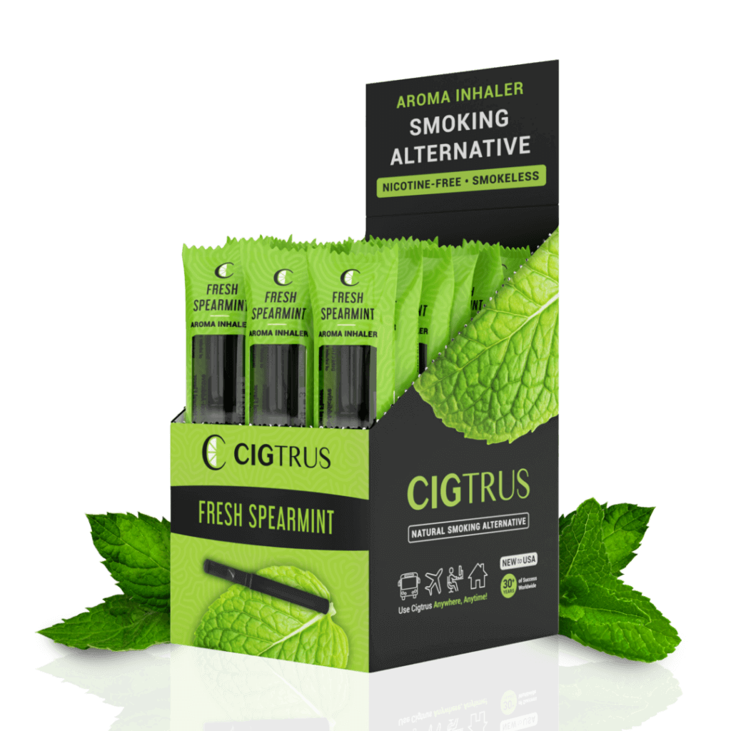Box of 20 spearmint aroma inhalers, nicotine-free smoking alternative, fresh green packaging.