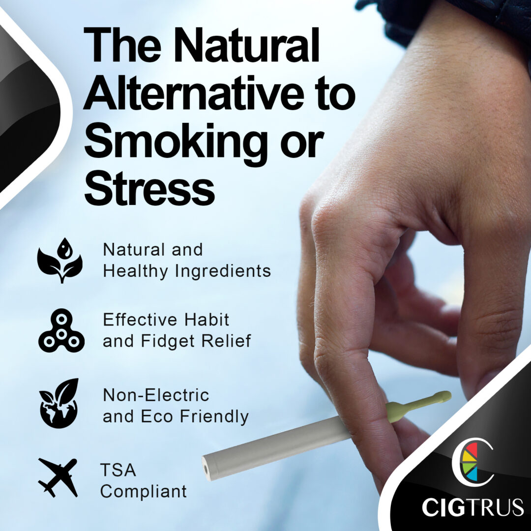 Cigtrus nicotine-free smokeless inhaler for stress relief and quitting smoking; eco-friendly, TSA compliant, citrus mint flavor.