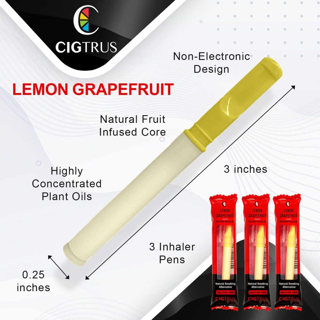Cigtrus Lemon Grapefruit smokeless inhaler, nicotine-free, tobacco-free, natural fruit core, 3-pack aroma pens, quit smoking aid.