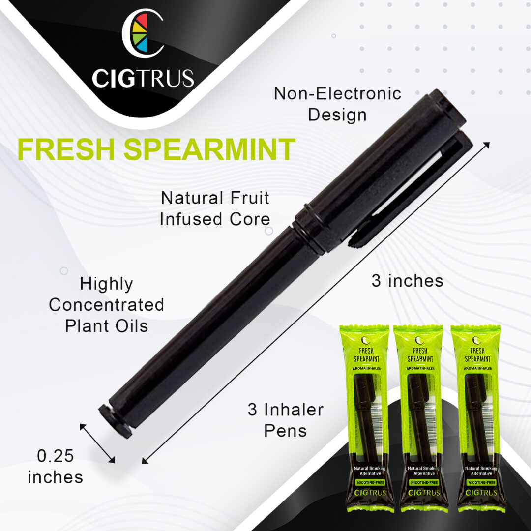 Cigtrus Fresh Spearmint Inhaler Pen, Nicotine-Free, Tobacco-Free, Natural Fruit Core, Plant Oils, 3-Pack, Craving Relief.