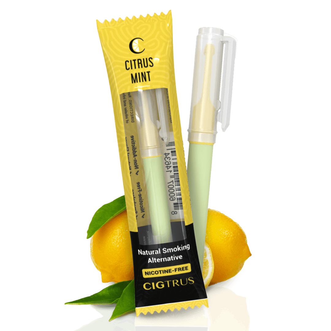 Citrus mint nicotine-free smoking alternative with lemons, natural smoking option packaging with vibrant design.