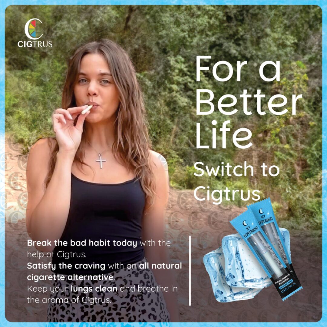 Woman using Cigtrus aroma inhaler in nature, promoting nicotine-free, tobacco-free smoking alternative with mint flavors.