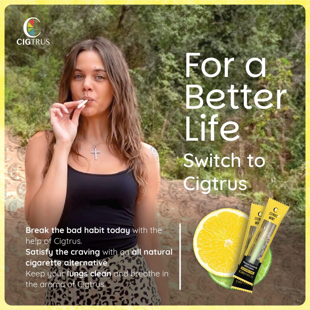 Cigtrus nicotine-free smokeless inhaler for craving relief, featuring citrus grapefruit and peppermint flavors.