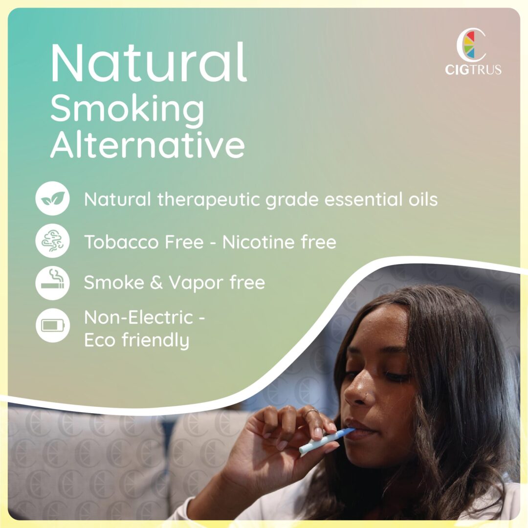 Natural smoking alternative inhaler, nicotine-free, tobacco-free, eco-friendly, with essential oils, citrus mint flavor.