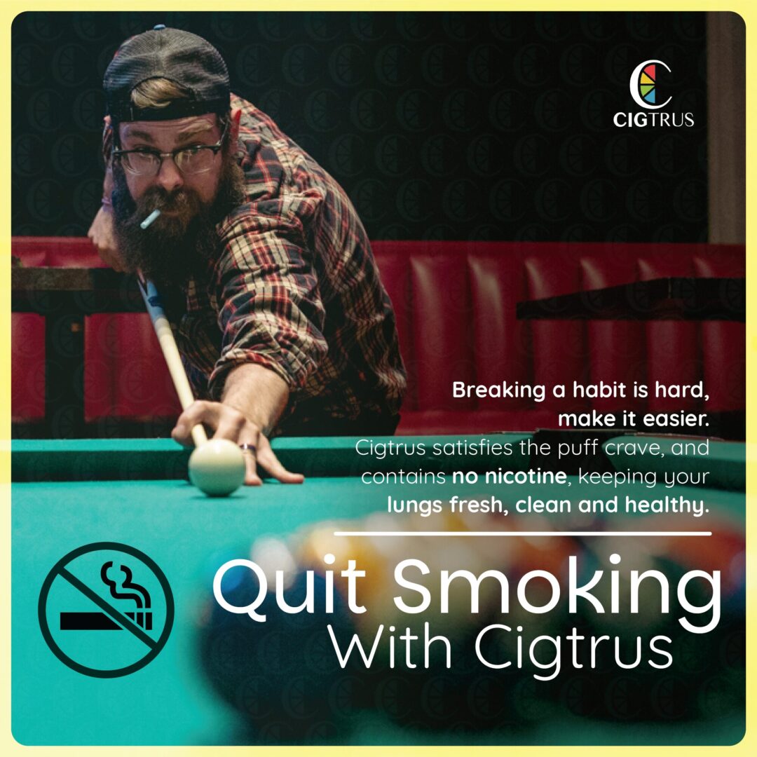 Man playing pool with Cigtrus smokeless inhaler, promoting nicotine-free, tobacco-free smoking alternative for craving relief.