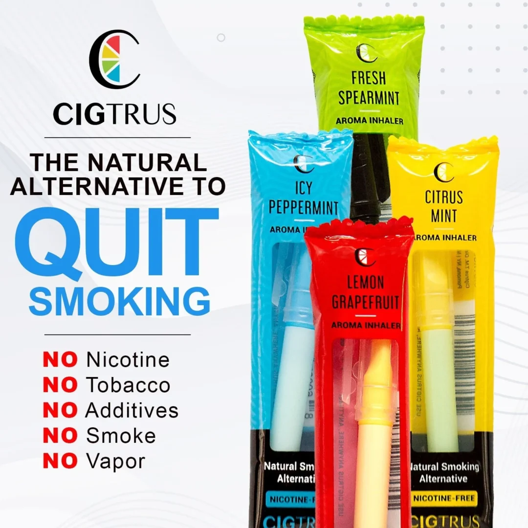 CIGTRUS smokeless aroma inhalers in various flavors, nicotine-free quit smoking aid, natural alternative behavioral support.