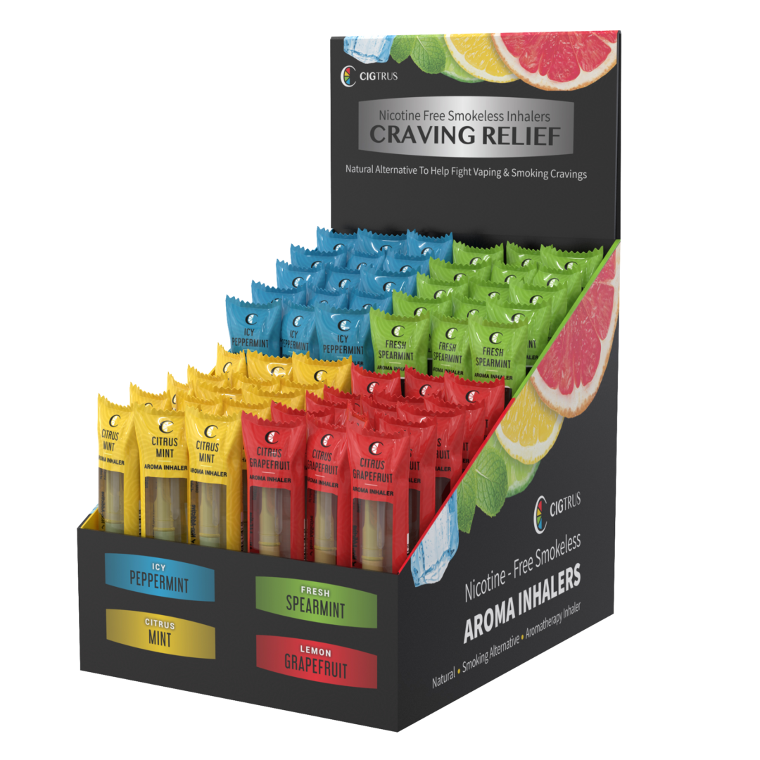 Cigtrus display with nicotine-free smokeless aroma inhalers in various flavors for craving relief and smoking alternative.