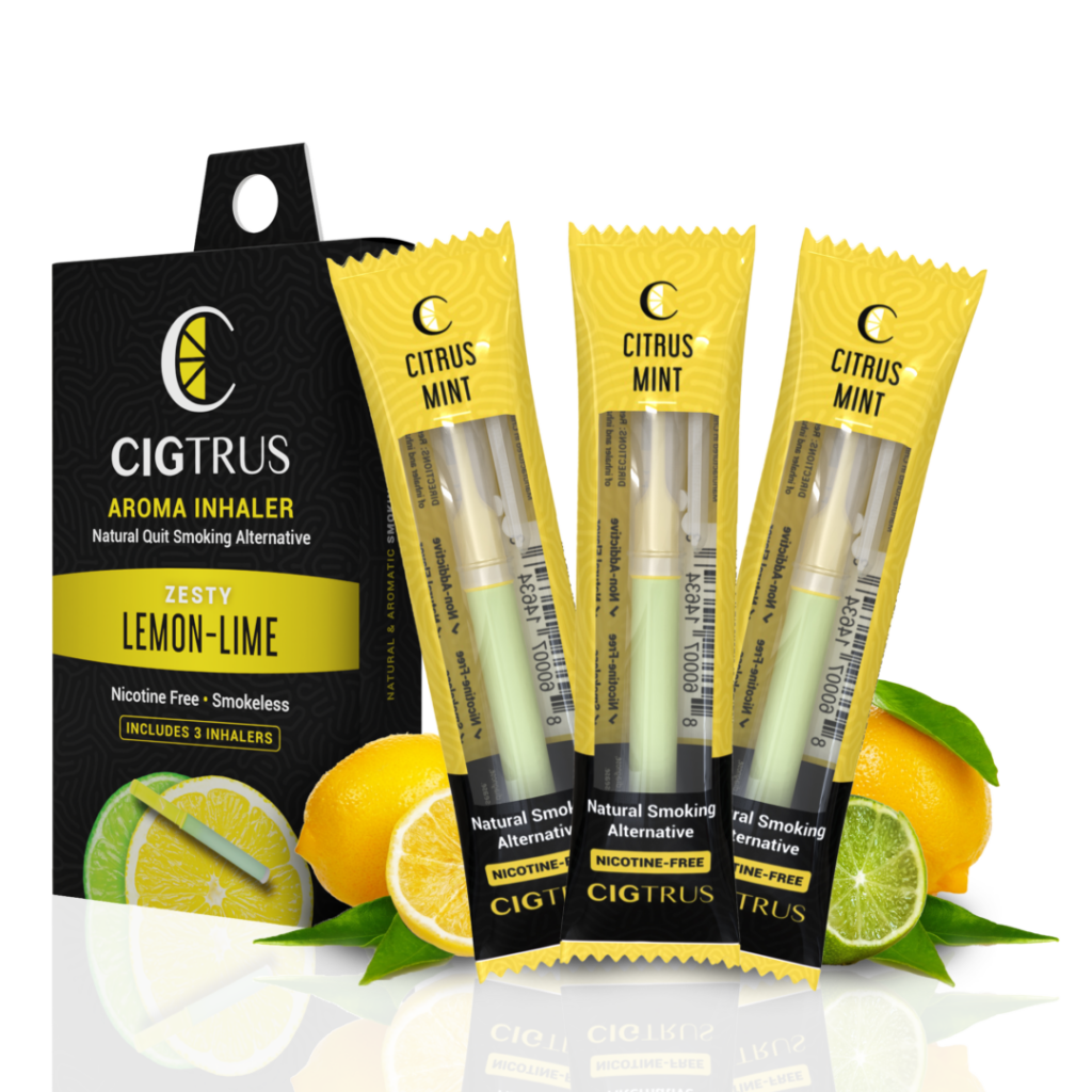 Citrus mint aroma inhalers, lemon-lime flavor, nicotine-free smoking alternative, 3-pack with fresh lemons and limes.