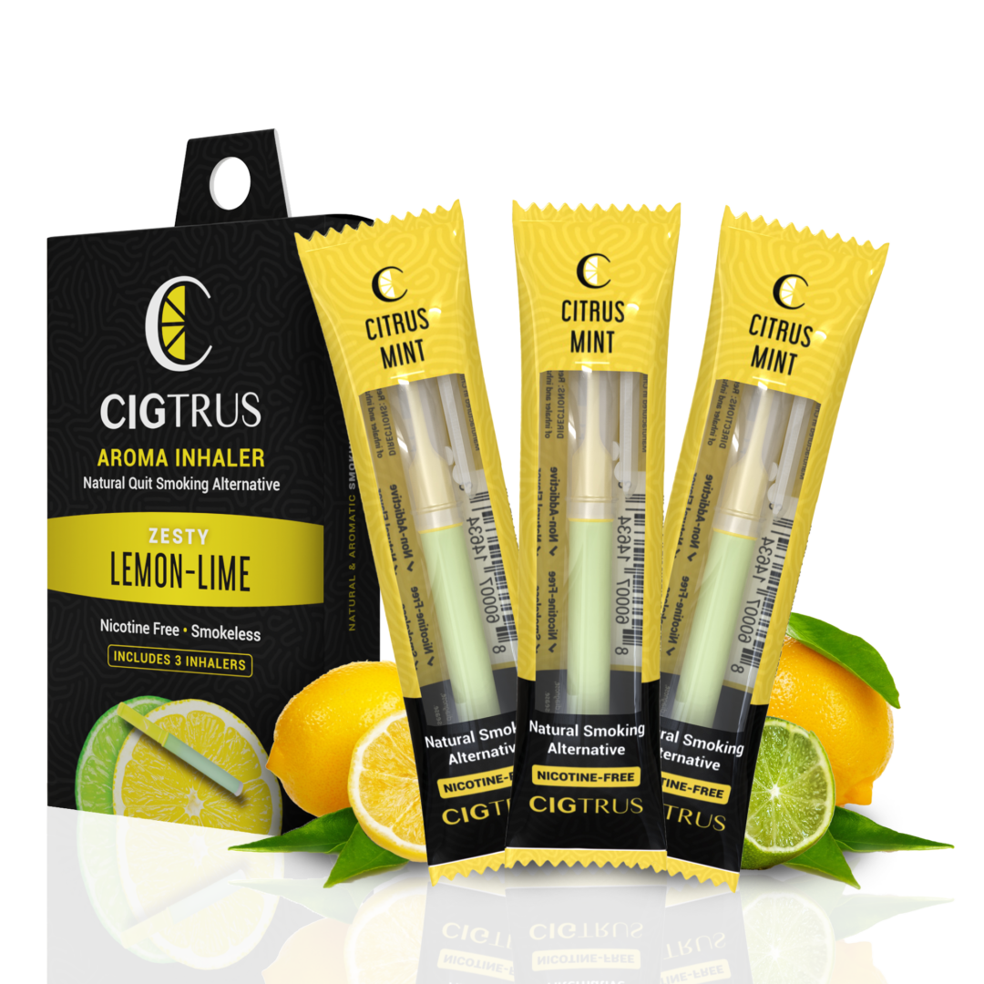Citrus mint aroma inhalers, lemon-lime flavor, nicotine-free smoking alternative, 3-pack with fresh lemons and limes.