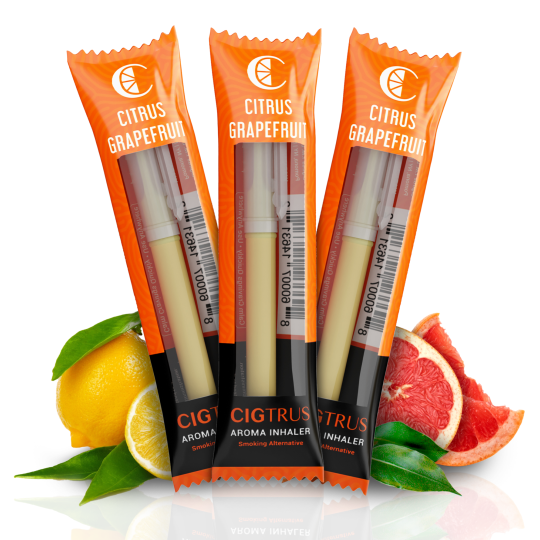 Three citrus grapefruit aroma inhalers with fresh oranges and grapefruits, smoking alternative product packaging.