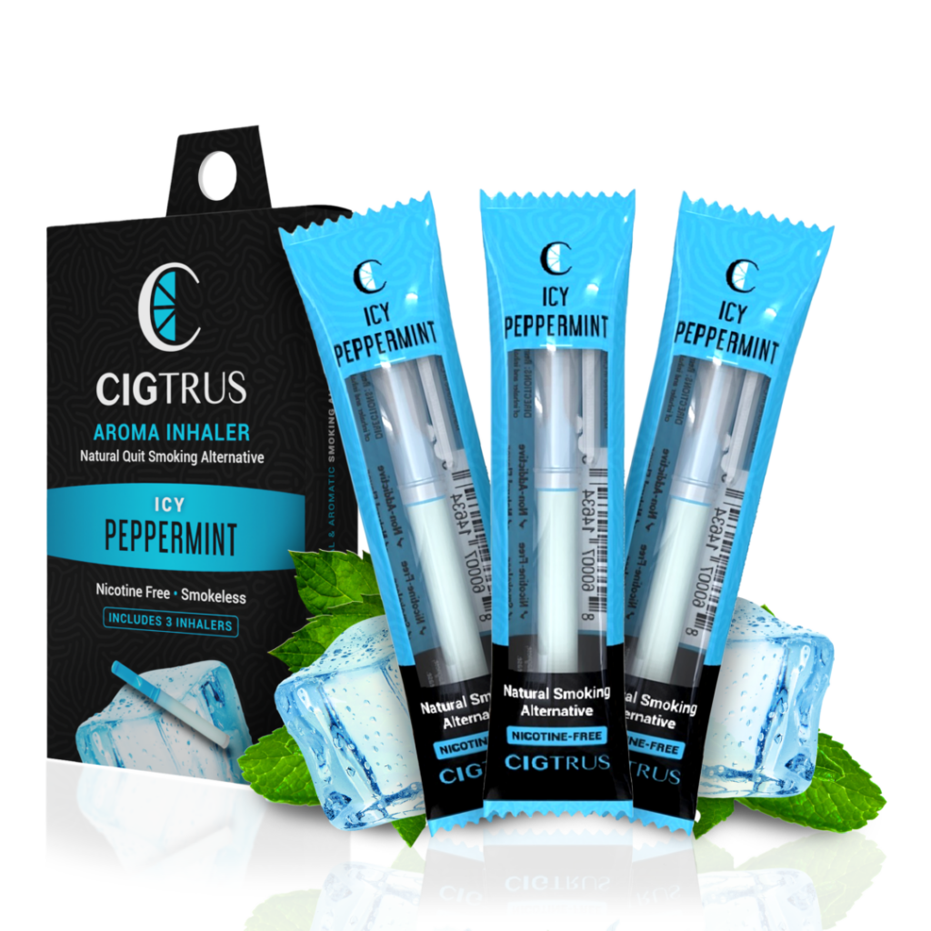 Nicotine-free icy peppermint aroma inhaler pack, natural quit smoking aid with fresh mint leaves and ice cubes.