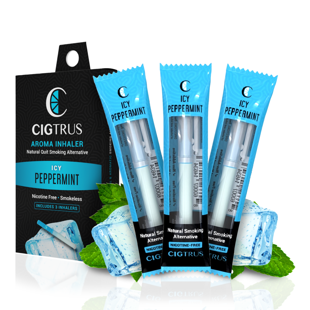 Nicotine-free icy peppermint aroma inhaler pack, natural quit smoking aid with fresh mint leaves and ice cubes.