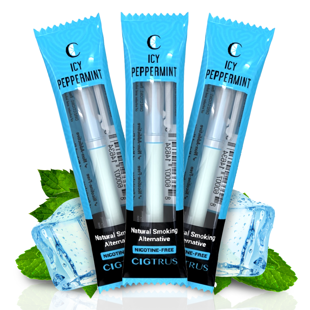 Three packs of Icy Peppermint nicotine-free smoking alternatives with mint leaves and ice cubes.